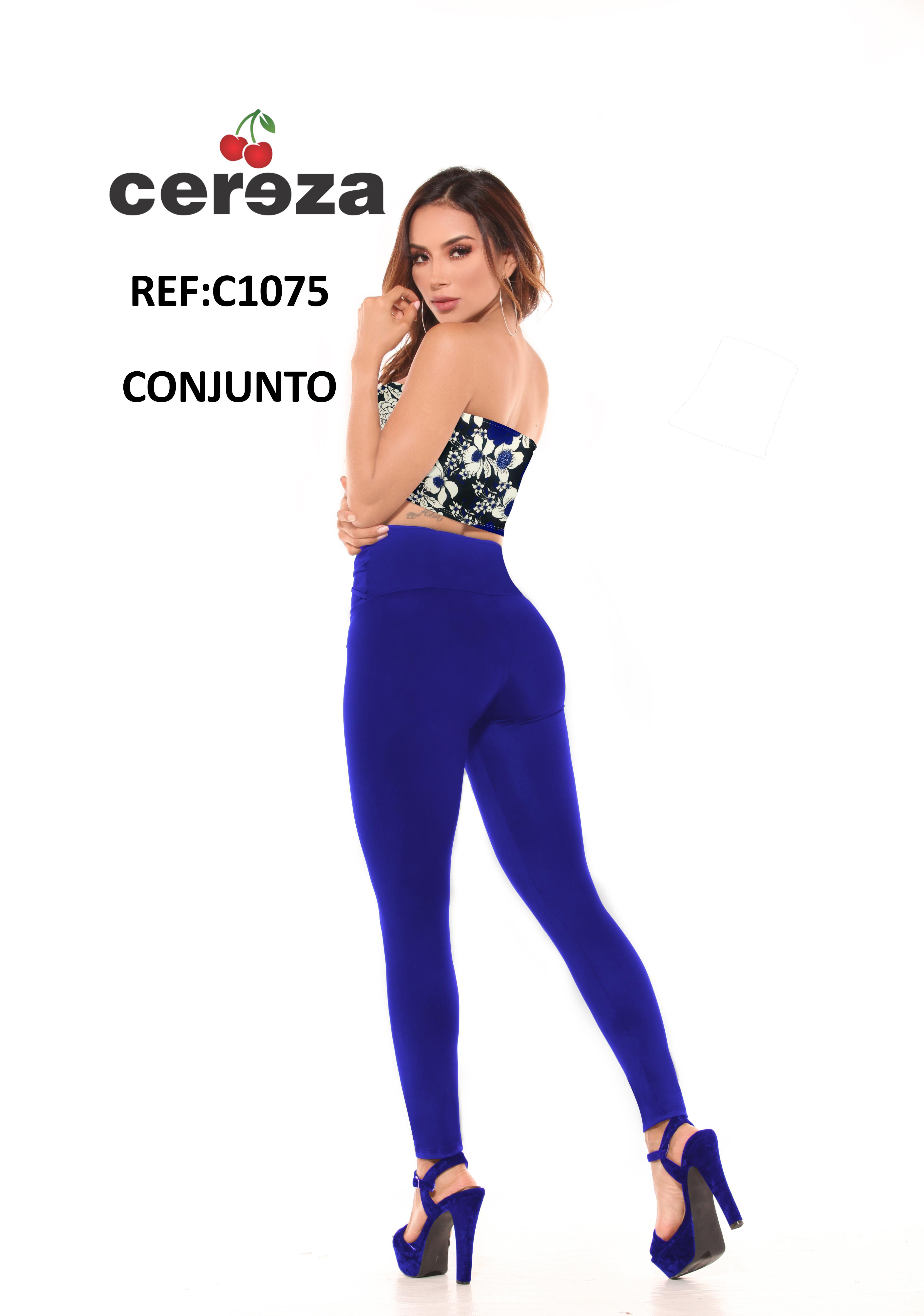 Conjunto Colombiano de Blusa Azul decorado Floral y Pantalón Azul para dama con Cintura Alta y con control de Abdomen